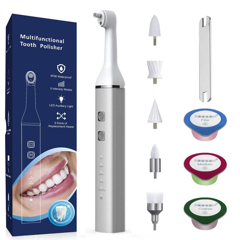 [Australia] - Tooth Polisher and Plaque Remover, Teeth Cleaning Tools for Cleaning and Polishing of Tooth, Dental Cleaning Tools for Brighten and Polish Teeth with 5 Brush Heads, 4 Speed Modes and 3 Polish Pastes Silver-white 