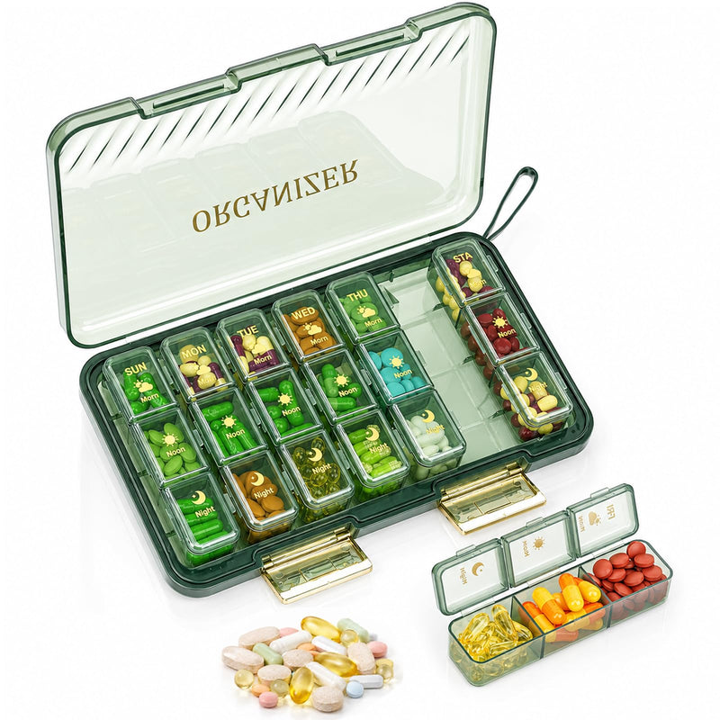 Weekly Pill Organizer 3x a Day - 7 Day Pill Box with 21 Compartments (Morning/Noon/Night), BPA-Free Daily Pill Case, Portable Medicine Organizer for Vitamins, Supplements & Medication【Upgrade】 (Green)