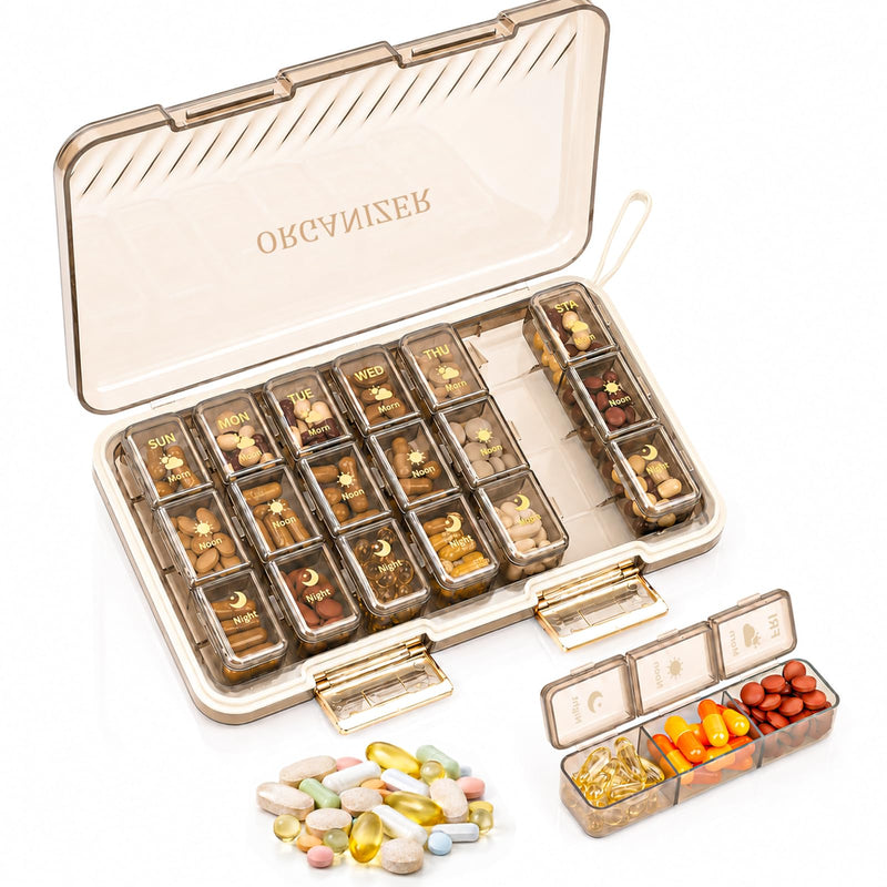 Weekly Pill Organizer 3x a Day - 7 Day Pill Box with 21 Compartments (Morning/Noon/Night), BPA-Free Daily Pill Case, Portable Medicine Organizer for Vitamins, Supplements & Medication【Upgrade】 (Brown) Brown