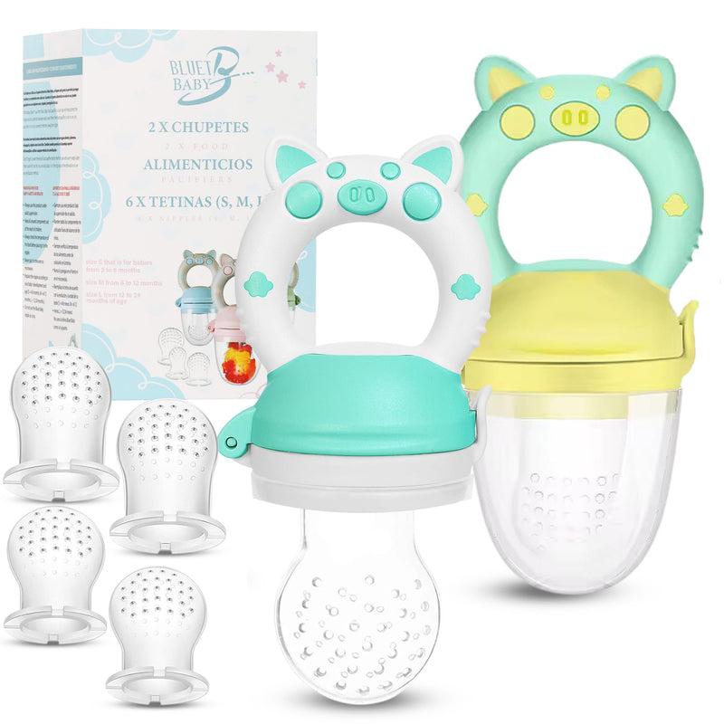 [Australia] - Bluet B- Baby Fruit Feeder Pacifier - BPA-Free Silicone Baby Food Feeder for Self-Feeding - Teething Relief - 4+ Months, 6 Silicone Nipples - 2 Pack Fresh Fruit Pacifier Frozen Teether (Green) Green 