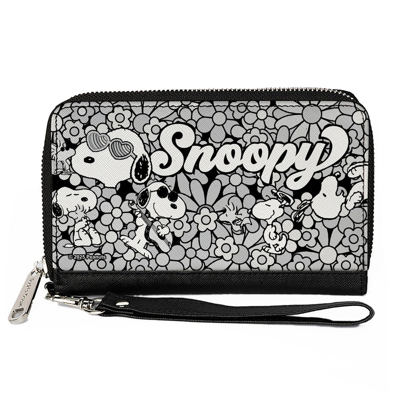Buckle-Down Peanuts Vegan Leather Zip Around Wallet | Snoopy Poses and Daisy Flowers Collage Black Grays White Billfold Credit Card and ID Slots