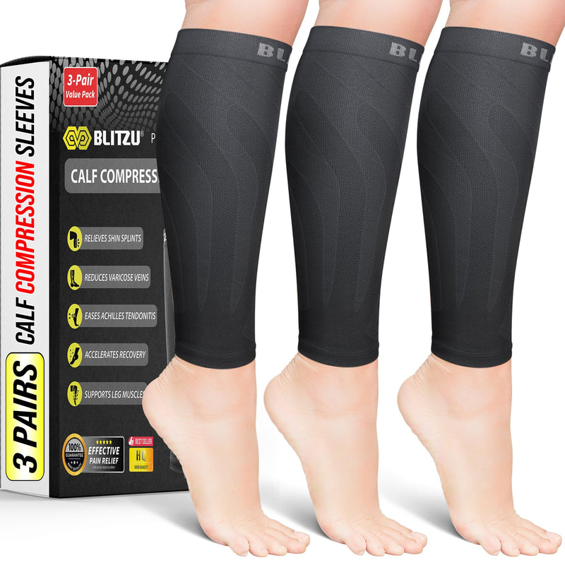 [Australia] - BLITZU 3 Pairs Calf Compression Sleeves for Men and Women. Footless Compression Socks & Leg Support for Running, Travel, Nursing, Fitness. Shin Splints Pain Relief & Reduce Swelling Black 4XL 4X-Large 
