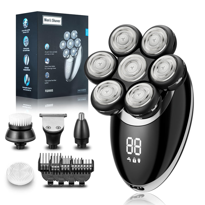 [Australia] - Head Shaver for Bald Men, 7D Electric Rechargeable Wet/Dry Shaving Razor with LED Display, 5-in-1 Grooming Kit Waterproof Bald Head Trimmer, Ideal Gift for Men (Black) Black 