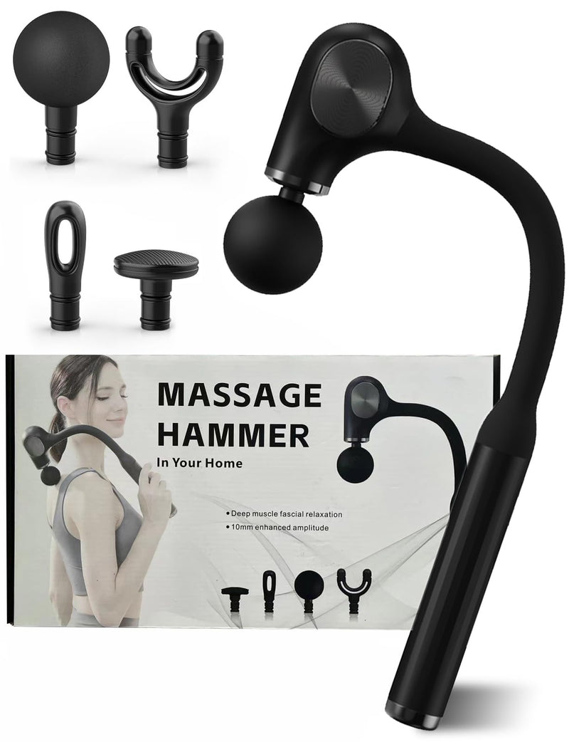 [Australia] - Deep Tissue Massage Gun with Bend Handle, 12MM Percussion, 4 Replaceable Heads, Less-Shock Design for Back, Neck, Foot, Leg, Shoulder 
