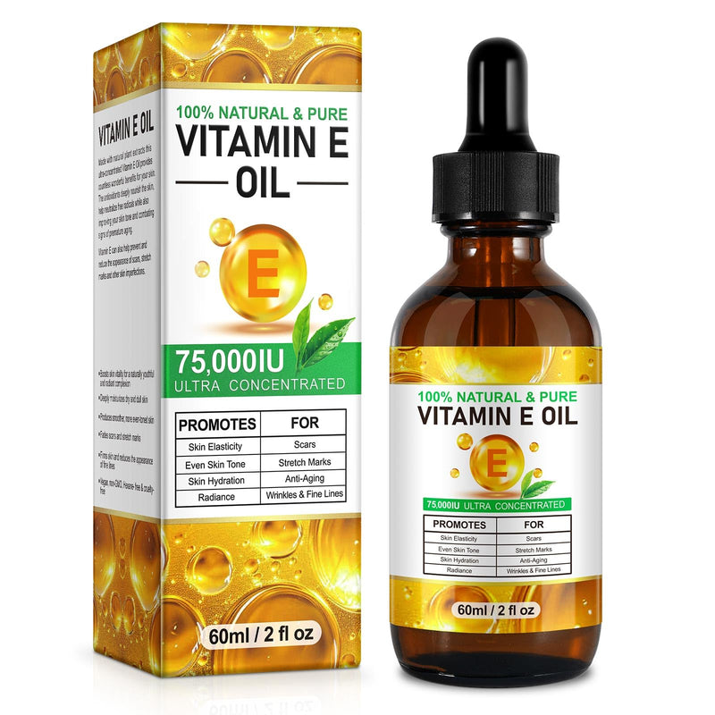 Meifenla Vitamin E Oil for Skin,75,000 IU Pure Vitamin E Oil for Face, Hair,Nail & Body Tightening Plump Skin,Reduce Fine Lines & Scars,Non-GMO 2 Fl Oz (Pack of 1) Golden