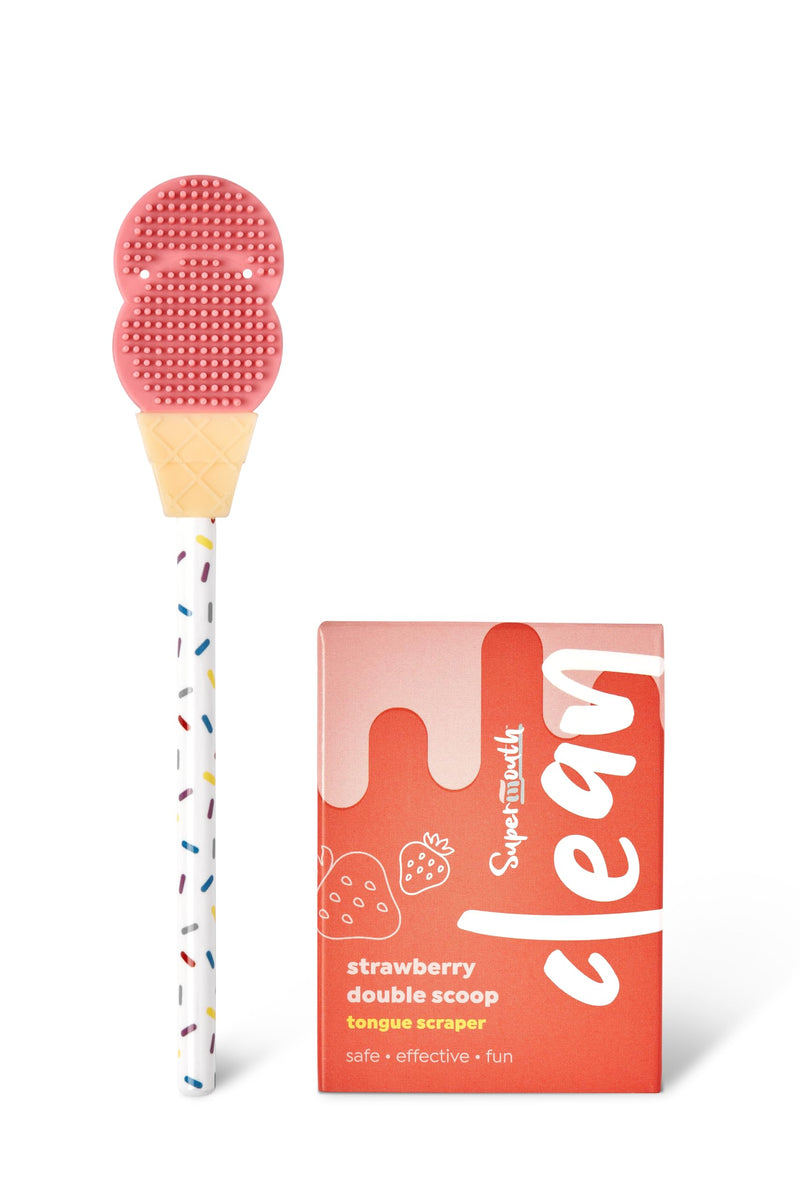 [Australia] - SuperMouth¬Æ Double Scoop Kids Tongue Scraper ‚Äì Dual-Sided Brush & Scraper Removes Odor-Causing Buildup, Fights Bad Breath, Easy-Grip Ice Cream Design, 3 Yummy Scents, Ages 6-12, Essential Oral Care Strawberry Double Scoops 