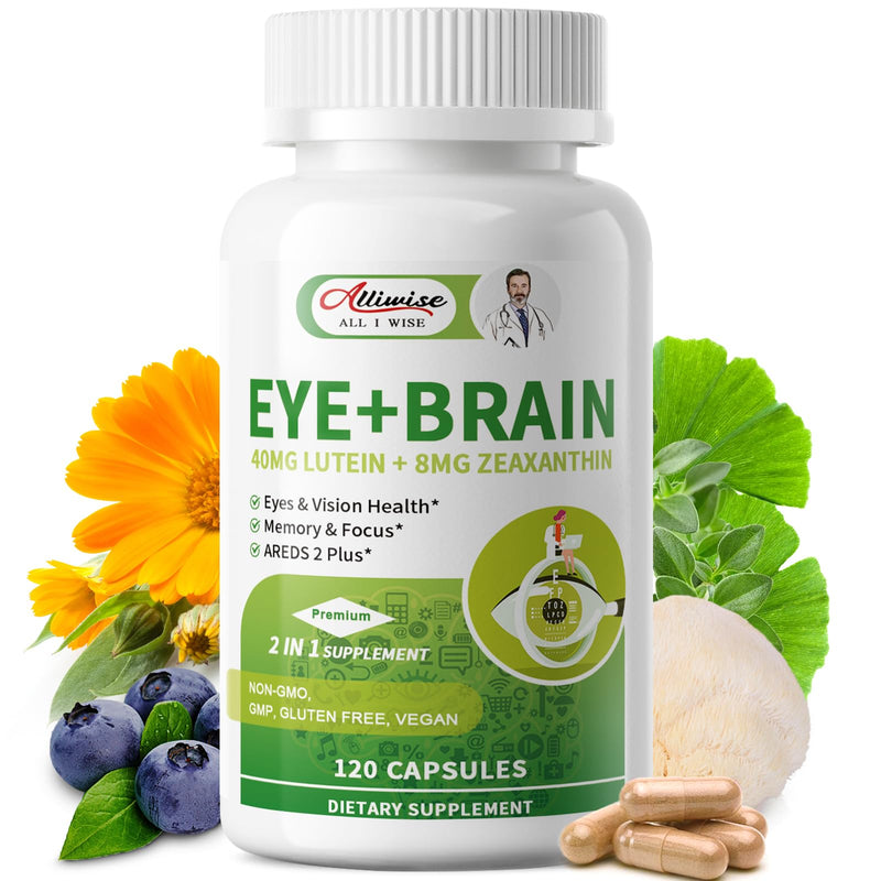 Eye Brain Supplement for Memory and Focus 14 in 1 Eye Vitamins 120 Capsules | Dry Eye Relief, 40mg Lutein, Zeaxanthin, Bilberry, Ginkgo Biloba, Bacopa Monnieri, Lion's Mane, Eye Care for Adults & Seniors 120 Count (Pack of 1)