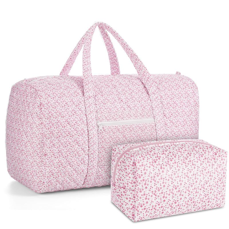 2 Pack Floral Travel Duffel Bag Large Quilted Travel Duffle Bag and Floral Makeup Pouch Portable Gym Lightweight Weekender Organizer with Zipper Pockets Grocery Pouch for Women(Pink) Pink