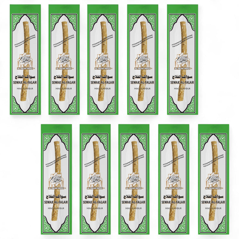 Al Falah Sewak (Mint Flavor) Miswak Toothbrush - 10 Sticks - Vacuum Sealed Natural Flavor Traditional Toothbrush Stick - for Healthy Gums & Teeth