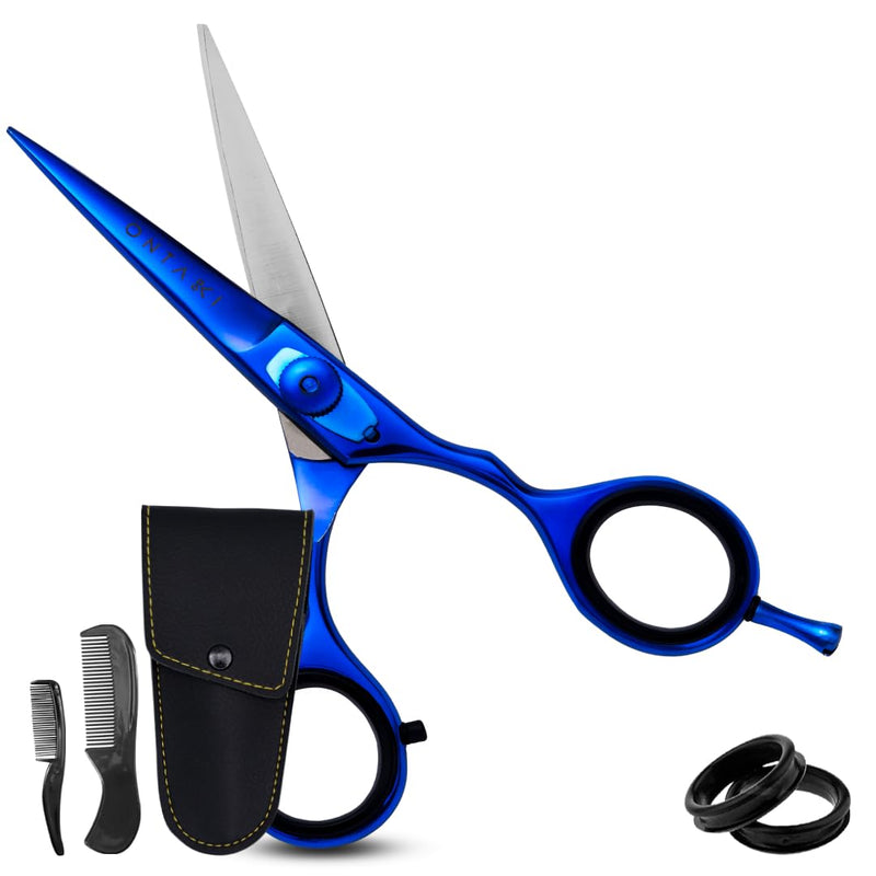 Ontaki Japanese Steel Beard & Hair Scissors - Safe Rounded Tips & Mustache Comb - Ergonomic Grip Beard Scissors for Men - Professional Craftsmanship Barber Shears - Midnight Blue, 5.5" Midnight Blue - 5.5"
