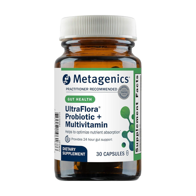 Metagenics UltraFlora Probiotic + Multivitamin, 30 Capsules | All-in-One Daily Gut Health and Digestive Balance Support, Clinically Tested Probiotic Blend with 17 Essential Nutrients