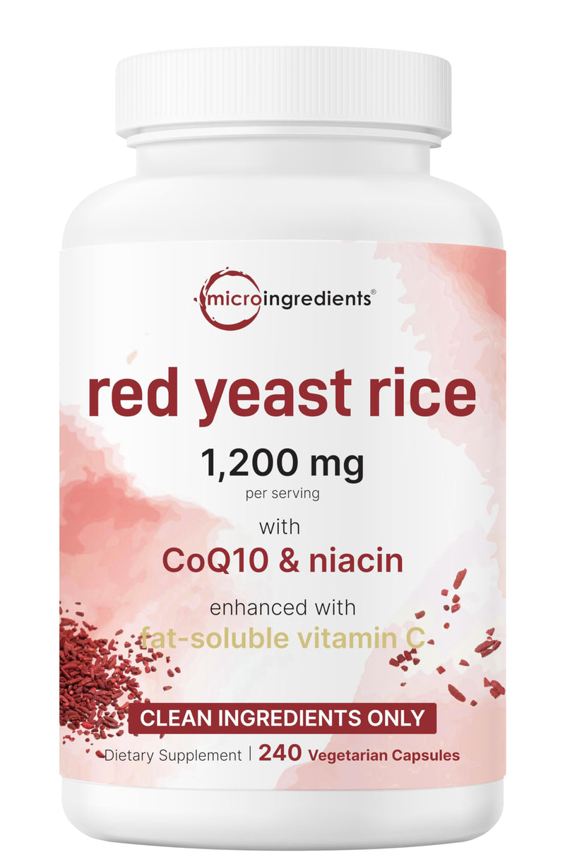 [Australia] - Red Yeast Rice 1,200mg with CoQ10 100mg, 240 Veggie Capsules | 4-in-1 with Flush Free Niacin & Fat Soluble Vitamin C | Cholesterol Support & Heart Health Supplements | Filler Free, Non-GMO, No Gluten 