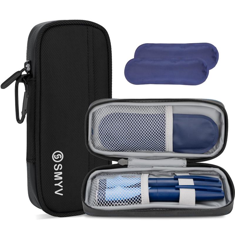 [Australia] - SMYV Insulin Cooler Travel Case with 2 TSA Approved Ice Packs, Medication Cooler for Diabetic Supplies, Compact for Travel and Daily Life (Black) Nylon Black 