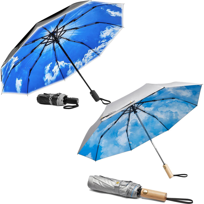 G4Free 42'' Eco Windproof Travel Umbrella + 46" UV Sun Protection Umbrella, Fiberglass Frame, Lightweight Portable for Walking & Outdoor, Automatic Open & Close