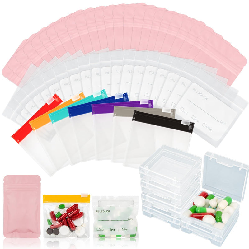 114PCS Travel Pill Organizer - RAINFLOW Bpa Free Pill Bags for Travel, Pack of 50 Clear Label Writing Baggies 50 Mylar Bags 7 Colors Small Ziplock Bag 7 Pill Box AM PM Supplements Baggies