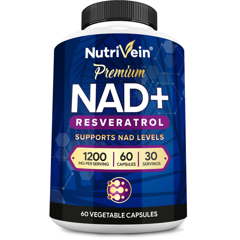 Nutrivein NAD+ Resveratrol Supplement 1200 mg - 60 Capsules, 30 Servings | Synergistic formula for men and women. Supports healthy aging, cognition, metabolism, and overall well-being. Non-GMO. Nad + Resveratrol