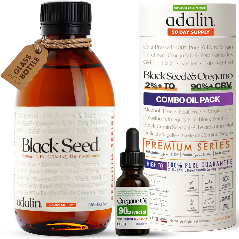[Australia] - adalin Black Seed Oil Organic Cold Pressed 8.4 fl oz with Travel Size Oil of Oregano 0.34 fl oz | Black Cumin Seed | Nigella Sativa | High Thymoquinone & Carvacrol | Glass Bottle | Gluten Free 4.37 Fl Oz (Pack of 2) 