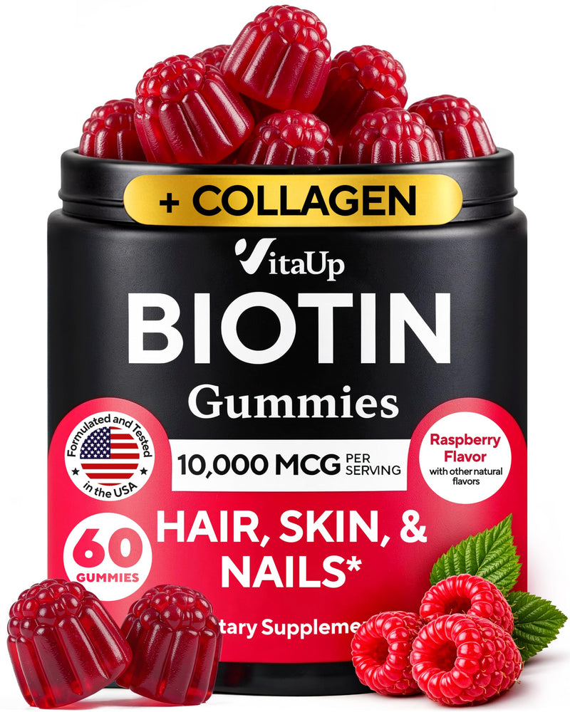 VitaUp Biotin Gummies 10000mcg for Women and Men - Extra Strength Hair, Skin and Nails Gummies with Collagen - Natural Biotin Gummy Supplement for Hair, Skin, Nails Support - 60 ct 60 Count (Pack of 1)