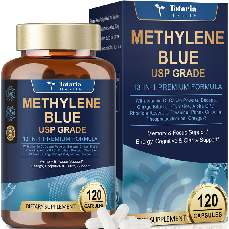 USP Methylene Blue Pharmaceutical Grade, Vitamin C Ester, Bacopa, Phosphatidylserine, Omega-3 Fatty Acids - 13 in 1 Upgrade Patented Brain Formula - Memory, Focus, Clarity, Cognitive, 120 Count 120 Count (Pack of 1)