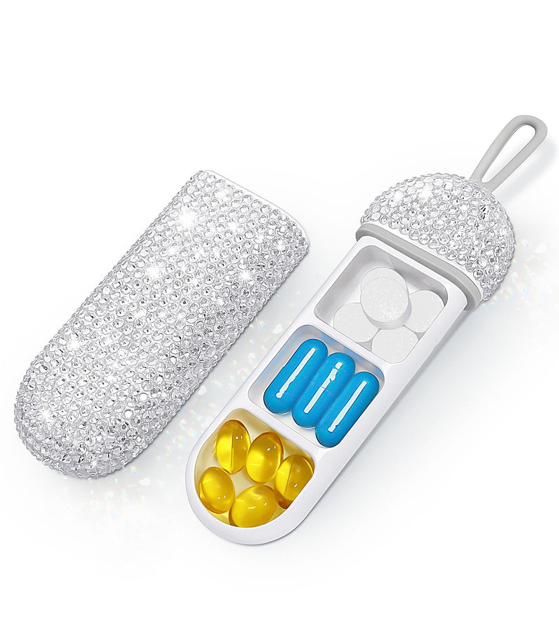 Bling Travel Pill Organizer Crystal Rhinestone 3 Compartments Portable Pill Case Daily Pill Box to Hold Vitamins Small Pill Container for Pocket Purse Medicine Organizer(White)