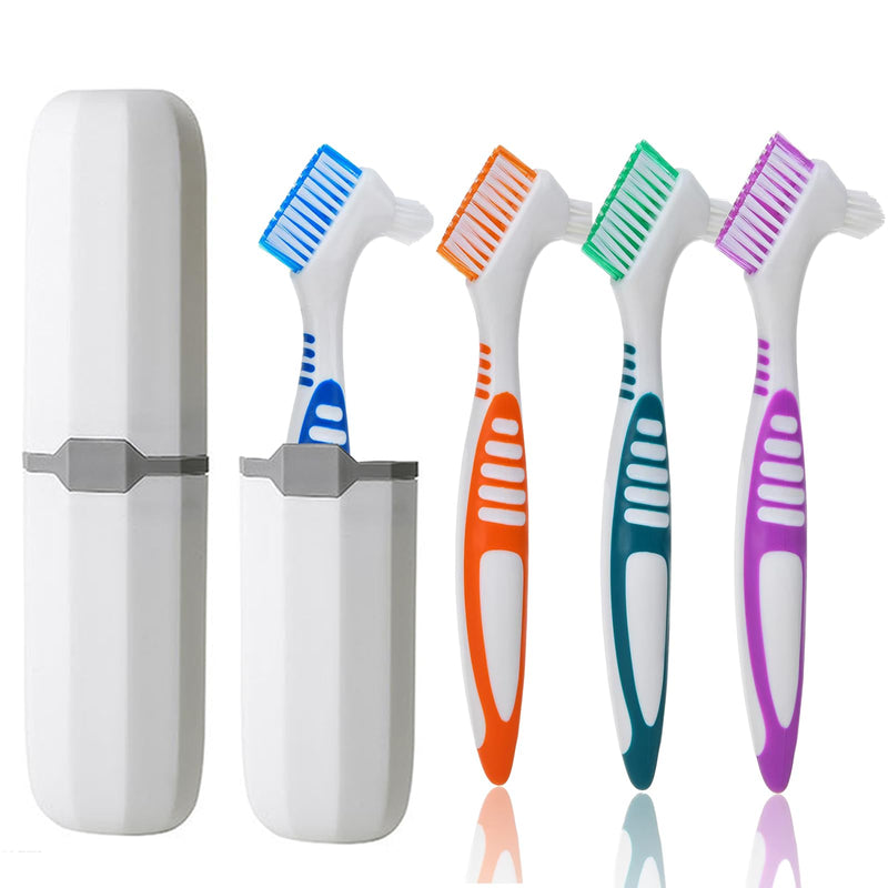 [Australia] - 4PCS Denture Brush Set with a Carry Case Portable False Teeth Brush Teeth Cleaning Denture Cleaner (Colorful) Colorful 