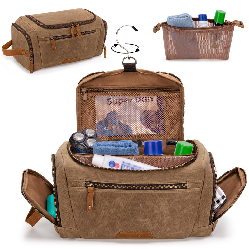 Yarwo Hanging Toiletry Travel Bag for Men, Waxed Canvas Dopp Kit Shave Bag | Detachable Zipper Pouch, Multiple Pockets, Water-resistant Hygiene Travel Bag, for Razor and Essentials, Xmas Gift for Man
