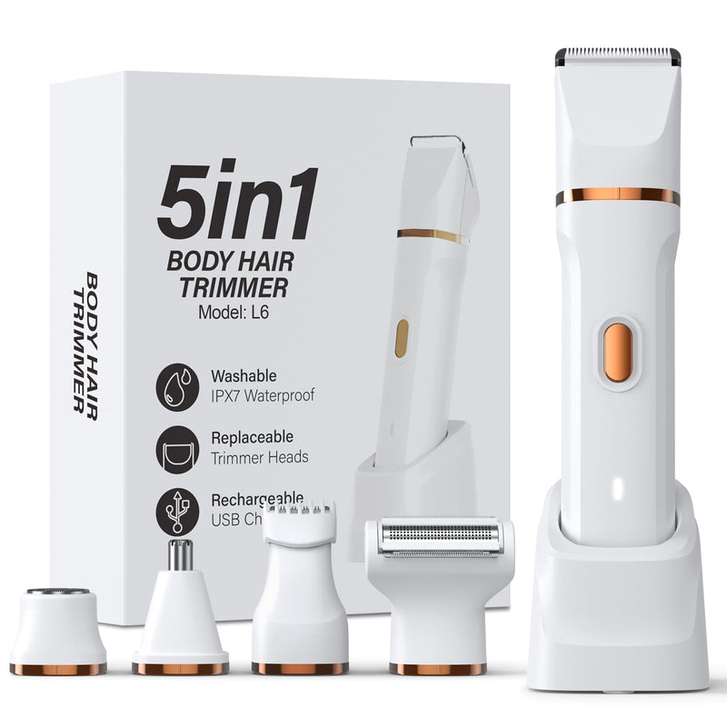 [Australia] - 5-in-1 Bikini Trimmer for Women, IPX7 Waterproof Electric Razors Shaver, Cordless Body Hair Trimmer, Facial & Pubic Hair Removal, Ceramic Blade (White) A-white 