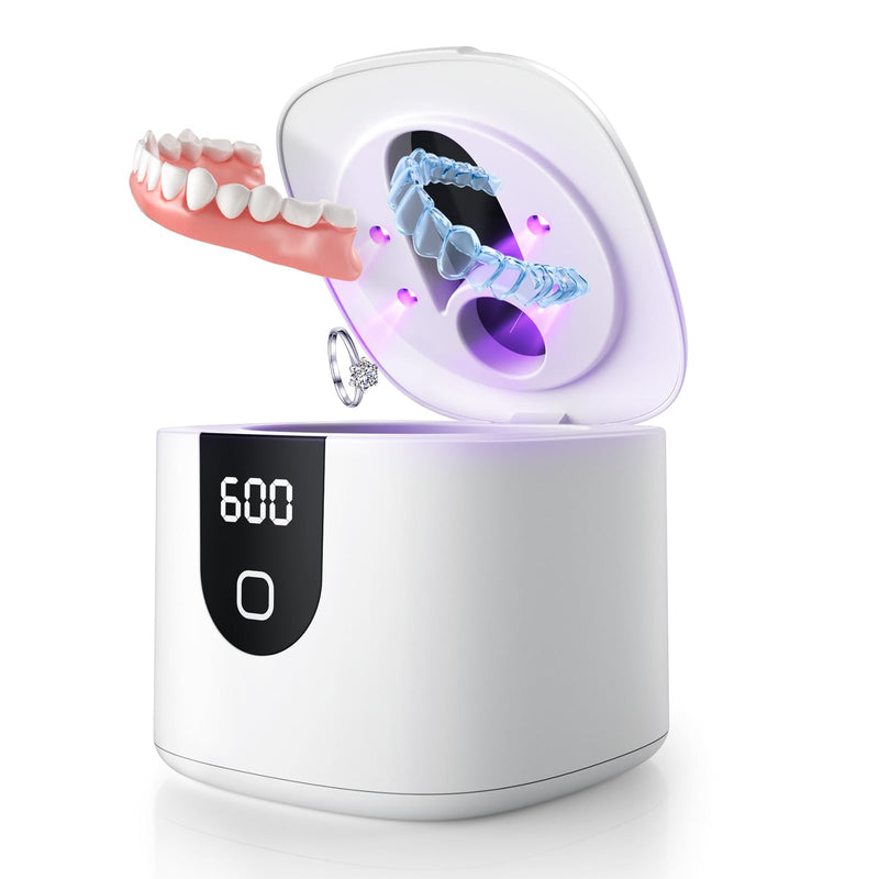 [Australia] - 2025 Enhanced Ultrasonic Retainer Cleaner, 2X Efficiency, 45kHz Dentures Cleaner Machine with UV Lights&4 Clean Modes, Dental Cleaning Pod for Aligner, Nightguard, Mouth Guards, Jewelry, Rings, etc 