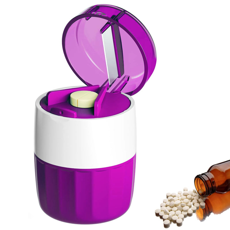 Pill Cutter Splitter for Small and Tiny Pills Vitamins Tablets, Built-in Storage Compartment, Pill Crusher Fine Powder with Stainless Steel Grinding Head,Pills Grinder with Pill Box Organizer (Purple) Purple
