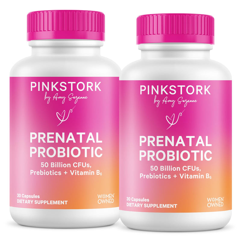 Pink Stork Prenatal Probiotics for Women - 60 Capsules | Vitamin B6, Prebiotics, Morning Sickness Support, Gut Microbiome & Immune Support Unflavored 30 Count (Pack of 2)