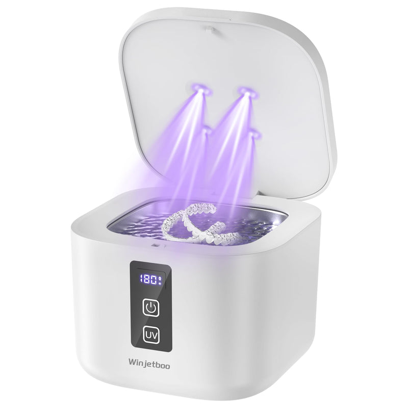 [Australia] - Ultrasonic Retainer Cleaner Machine, 48KHz Dental Cleaning Pod for Denture, Mouth Guard, Aligner, Night Guard, Braces, Toothbrush Heads, Jewelry with Digital Timer & 6 Modes, 13oz Capacity, White 
