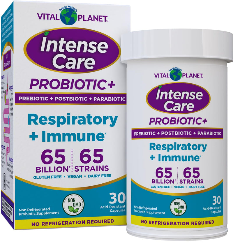 Vital Planet - Intense Care Respiratory and Immune Probiotic Lung Support Supplement with Organic Prebiotics, Postbiotics, and Parabiotics, Lactobacillus Rhamnosus, 65 Billion CFU, 65 Strains, 30 Ct