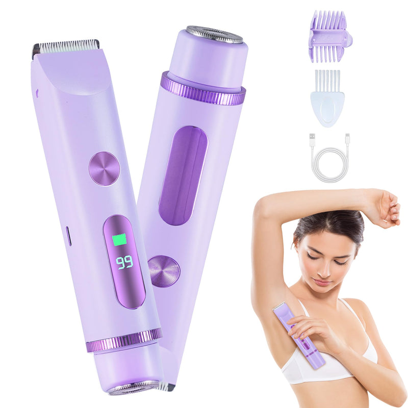 [Australia] - 2025 Bikini Trimmer for Women, Cordless& Painless& Waterproof Dual Head Shaver for Women Private Area& Face& Body, 2-in-1 Electric Razors, Bikini Shaver, Hair Trimmer with LCD Purple 