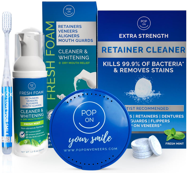 [Australia] - Retainer Cleaning Bundle by Pop On - 30 Retainer Cleaner Tablets, 1 Aligner Cleaner Fresh Foam, 1 Soft Bristle Toothbrush, 1 Mirror Case for Mouth Guards, Night Guards, Invisalign, Veneers, Dentures 