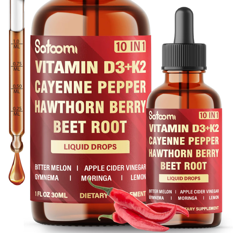 Satoomi 10in1 Cayenne Pepper Liquid Drops with Vitamin D3, Vitamin K2, Hawthorn Berry, Beet Root, Lemon, Apple Cider Vinegar, Gymnema, Moringa, Bitter Melon - Digestion Support - 30ml - 60 Day Supply