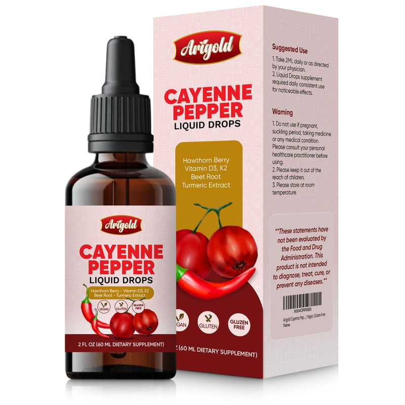 Arigold Cayenne Pepper Drops – Circulation & Energy Support Liquid Supplement with Hawthorn Berry, Beet Root, Turmeric, Vitamins D3 + K2, Ceylon Cinnamon, Berberine & Ginseng – Vegan, Non-GMO, 2 fl oz 2 fl oz (60 ml)