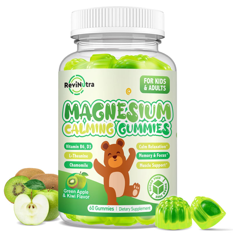 Magnesium Gummies for Kids - Magnesium Glycinate Gummies with L-Theanine, Vitamin B6, D3 for Kids & Adults Sleep, Calm, Relaxation, Brain, Bones, Muscle Relief, Sugar Free Green Apple & Kiwi 60ct 60 Count (Pack of 1)