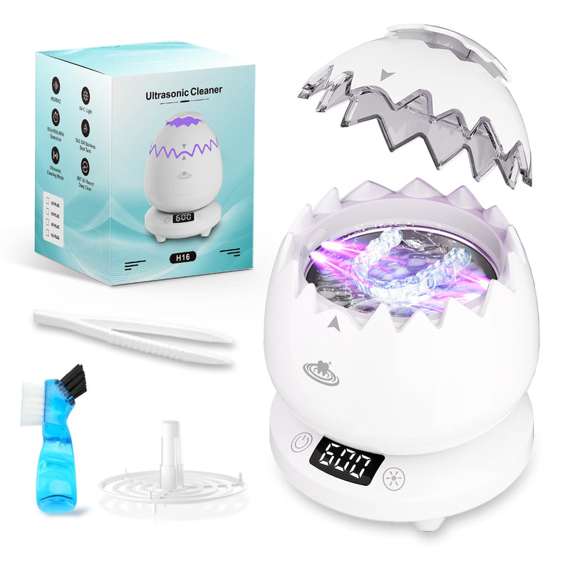 [Australia] - Ultrasonic Retainer Cleaner Machine for Denture, Dental Cleaning Pod with Digital Timer, 45kHz/180ML Waterproof Ultrasonic Denture Cleaners for Aligner, Mouth Guard, Braces, Ring Jewelry Cleaner White 