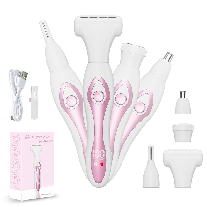 Upgraded Electric Razor for Women with LED Power Display, 4-in1 Bikini Trimmer & Facial Hair Remover, Painless Wet&Dry Shaver for Pubic Area, Armpits, Legs, Fast USB-C Charging, Gift for Women Pink