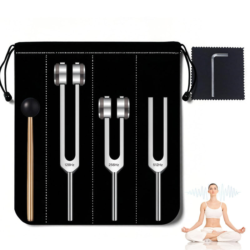 [Australia] - Tuning Forks for Healing Set - 128Hz 256Hz 512Hz Frequency Healing Devices, Aluminum Alloy Chakra Balancing Tools with Carrying Pouch & Mallet for Sound Therapy, Meditation & Yoga 