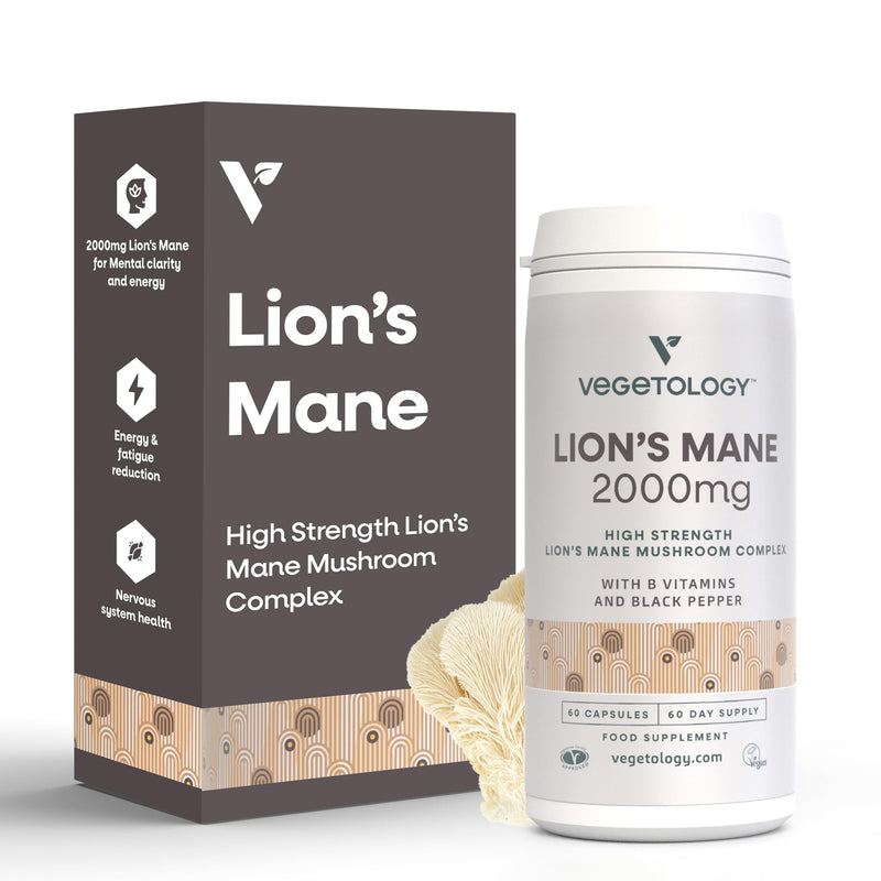 Lions Mane Supplement, 2000mg High Strength Mushroom Complex with B Vitamins and Black Pepper, Supports Mental Clarity, Energy & Nervous System, 60 Vegan Capsules, Age 11+