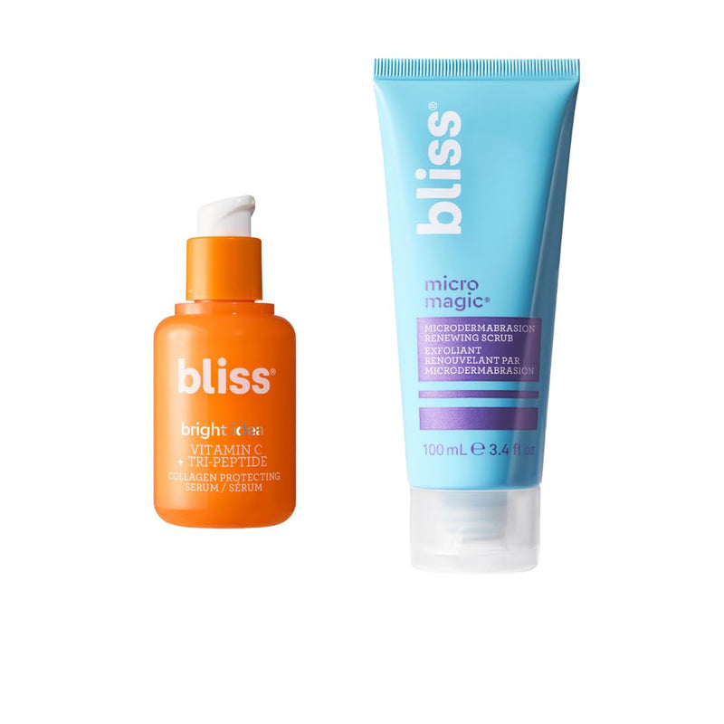 Bliss Glow Boost Skincare Duo – Micro Magic Skin-Refining Exfoliator (Packaging May Vary) & Bright Idea Vitamin C Serum – Face Scrub & Brightening Serum for Smooth, Radiant, Even-Toned Skin