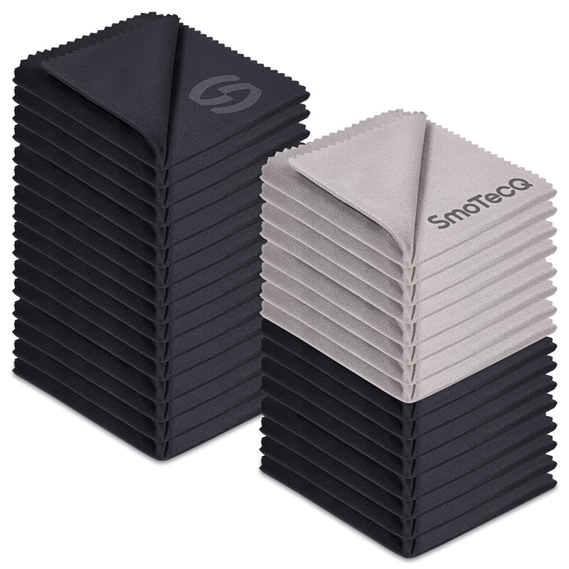 [Australia] - SmoTecQ 32-Pack Microfiber Glasses Cleaning Cloths - 7"x6" Ultra-Soft, Individually Wrapped & Reusable for Eyeglasses, Lenses, Screens & More (24 Black, 8 Gray) 