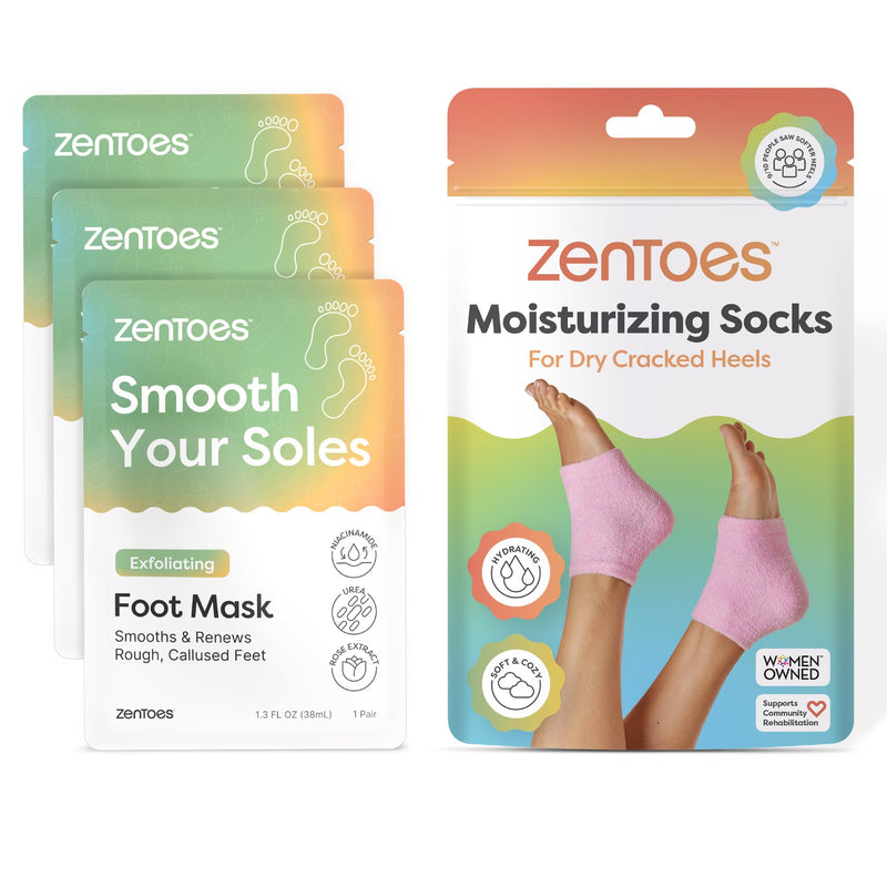 [Australia] - ZenToes Foot Care Kit – Exfoliating Foot Mask for Dry Cracked Feet with Urea, Niacinamide & Rose Extract (3 Pairs) + Hydrating Heel Socks with Vitamin E and Olive Oil (Fuzzy Pink) 