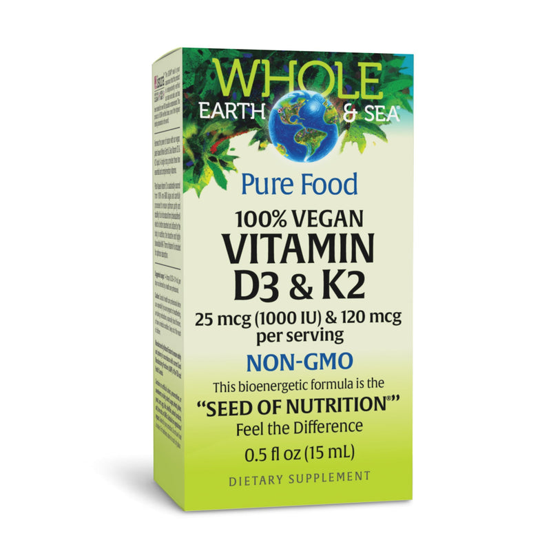 Natural Factors Whole Earth & SEA 100% Vegan Vitamin D3 & K2 25 MCG/120 MCG, 60 Vegetarian Capsules