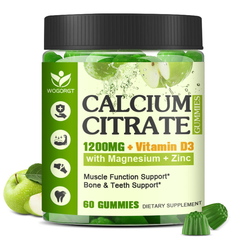 Calcium Citrate 1200mg with Vitamin D3 for Women, Bone, Teeth Support, 60Ct | WOGORGT - Chewable Calcium Citrate Gummies with Magnesium, Zinc, D3, K2, Daily Wellness Support for Women & Men, Apple Flavor 60 Count (Pack of 1)
