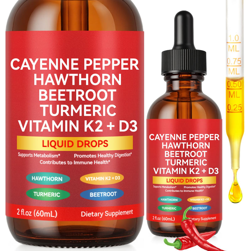 Cayenne Pepper Drops, Rethes Cayenne Pepper Liquid Drops with Hawthorn Berry, Vitamin K2 D3 Beet Root Powder, Turmeric Curcumin, Cayenne Health Supplements, Vegan-Friendly, Easily Absorbed, 60ml