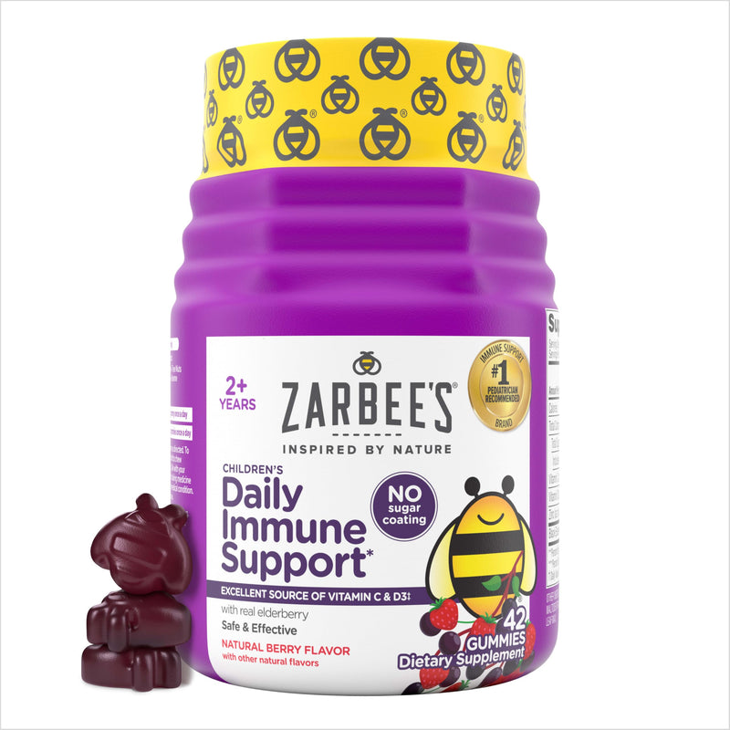 Zarbee's Kids Elderberry Immune Support Gummies, No Sugar Coating, 42 ct | For Ages 2+ Years, No Sugar Coating, Vitamins C D3 & Zinc, Elderberry, Supports Healthy Immune System, No Artificial Flavors 42 Count (Pack of 1)