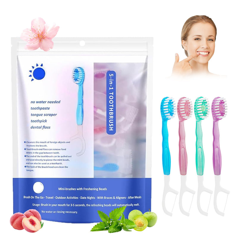 [Australia] - 5 in 1 Toothbrush & Floss, 26Pcs mini toothbrushes with Toothpaste, All in one Oral Care on The go, 5 in 1 mini Brush, Toothpaste and Floss, Disposable Travel Toothbrush Set (1) 