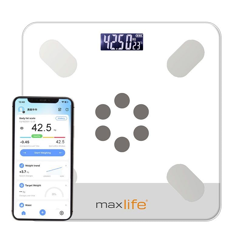 [Australia] - MaxLife Smart Scale for Body Weight, Digital Bathroom Scale BMI Weighing Bluetooth Body Fat Scale, Body Composition Monitor Health Analyzer with Smartphone App, 400 lbs (White 10") White 10" Inch 